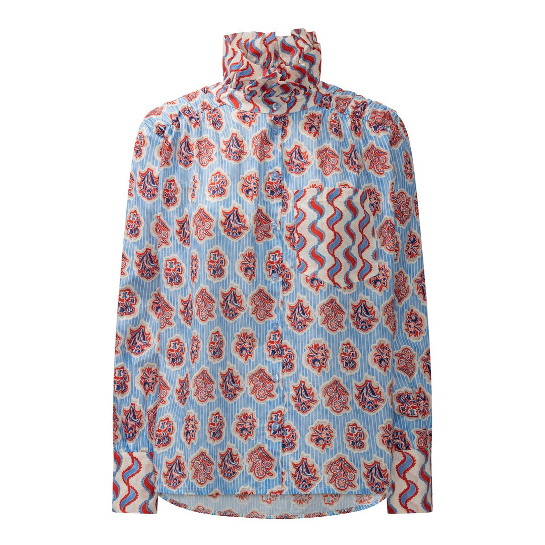 Agnes shirt med rødt og blåt print set forfra